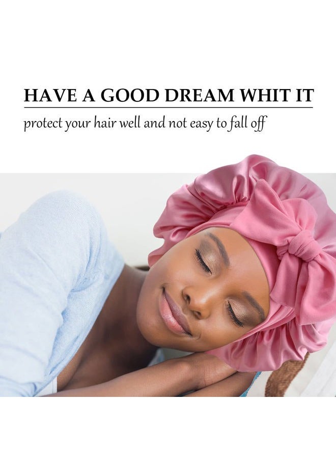 Gili Satin Bonnet Silk Bonnet Hair Bonnet for Sleeping Large Bonnets with Tie Band Hair Wrap with Adjustable Straps Hair Cap Night Sleep Caps for Women Curly Braid Hair(Black,Dark Pink) - Image 2