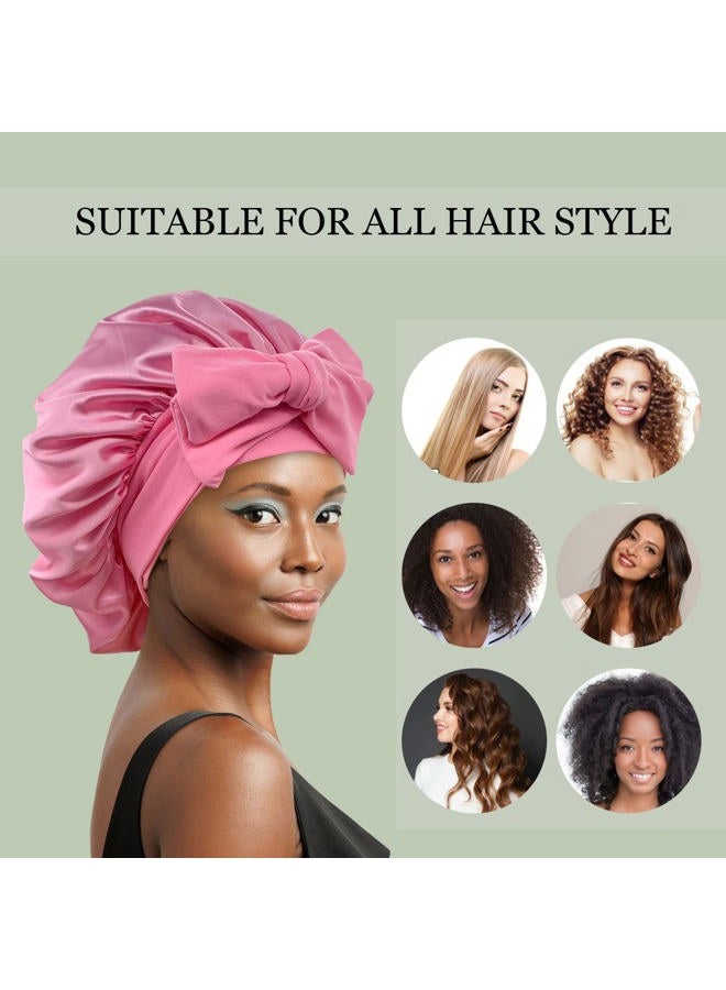 Gili Satin Bonnet Silk Bonnet Hair Bonnet for Sleeping Large Bonnets with Tie Band Hair Wrap with Adjustable Straps Hair Cap Night Sleep Caps for Women Curly Braid Hair(Black,Dark Pink) - Image 4