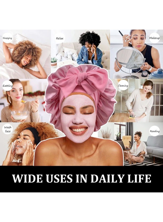 Gili Satin Bonnet Silk Bonnet Hair Bonnet for Sleeping Large Bonnets with Tie Band Hair Wrap with Adjustable Straps Hair Cap Night Sleep Caps for Women Curly Braid Hair(Black,Dark Pink) - Image 5