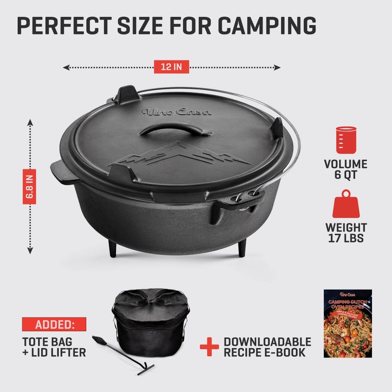 Uno Casa 6Qt Cast Iron Camping Dutch Oven with Lid Lifter and Storage Bag - Pre-Seasoned Outdoor Dutch Oven for Campfire Cooking, Stews, and Baking - Durable Cast Iron Pot for Camping and Hiking - Image 4