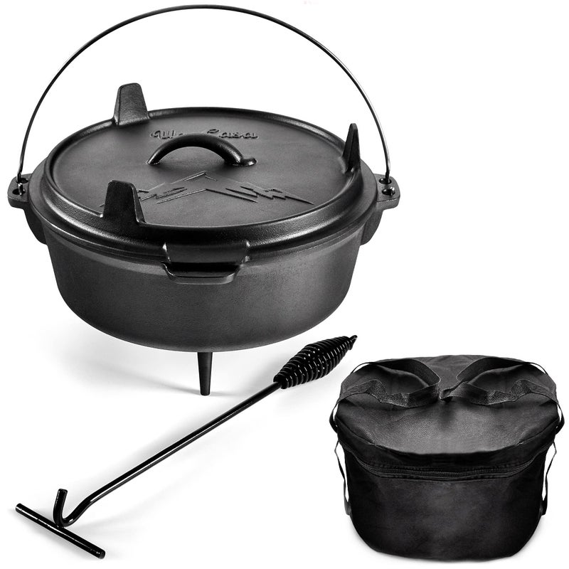 Uno Casa 6Qt Cast Iron Camping Dutch Oven with Lid Lifter and Storage Bag - Pre-Seasoned Outdoor Dutch Oven for Campfire Cooking, Stews, and Baking - Durable Cast Iron Pot for Camping and Hiking - Image 1