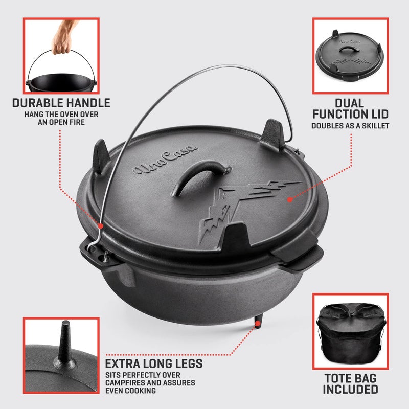 Uno Casa 6Qt Cast Iron Camping Dutch Oven with Lid Lifter and Storage Bag - Pre-Seasoned Outdoor Dutch Oven for Campfire Cooking, Stews, and Baking - Durable Cast Iron Pot for Camping and Hiking - Image 2