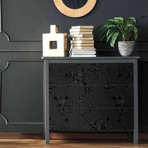 lenify Black Peel and Stick Wallpaper Floral Black Wallpaper 17.7inch x 393.7inch Embossed Flower Contact Paper Peel and Stick Textured Self Adhesive Removable Wall Paper Floral Vinyl for Cabinets - Image 5