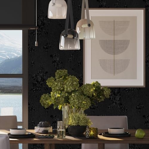 lenify Black Peel and Stick Wallpaper Floral Black Wallpaper 17.7inch x 393.7inch Embossed Flower Contact Paper Peel and Stick Textured Self Adhesive Removable Wall Paper Floral Vinyl for Cabinets - Image 4