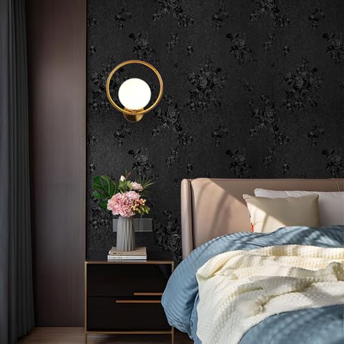 lenify Black Peel and Stick Wallpaper Floral Black Wallpaper 17.7inch x 393.7inch Embossed Flower Contact Paper Peel and Stick Textured Self Adhesive Removable Wall Paper Floral Vinyl for Cabinets - Image 3