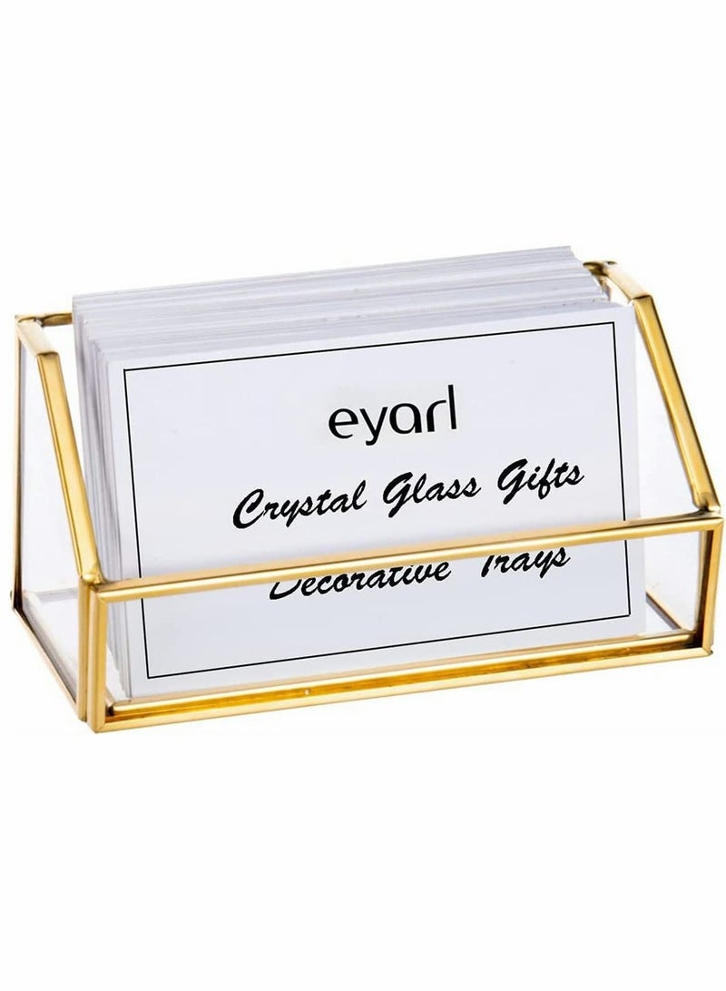 Glass Business Card Holder, Stand Gold Office Name Card Display Business Card Organizer Storage, Gold Metal Business Card Container Box for Office Desktop Countertop, Fits 80-100 Business Cards (Gold) - Image 1