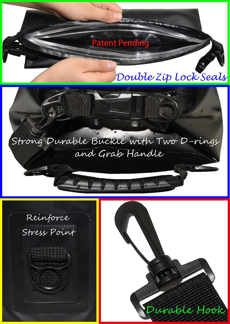 Freegrace Waterproof Dry Bags Set Of 3 Dry Bag With 2 Zip Lock Seals & Detachable Shoulder Strap, Waist Pouch & Phone Case - Can Be Submerged Into Water (Black, 20L) - Image 3