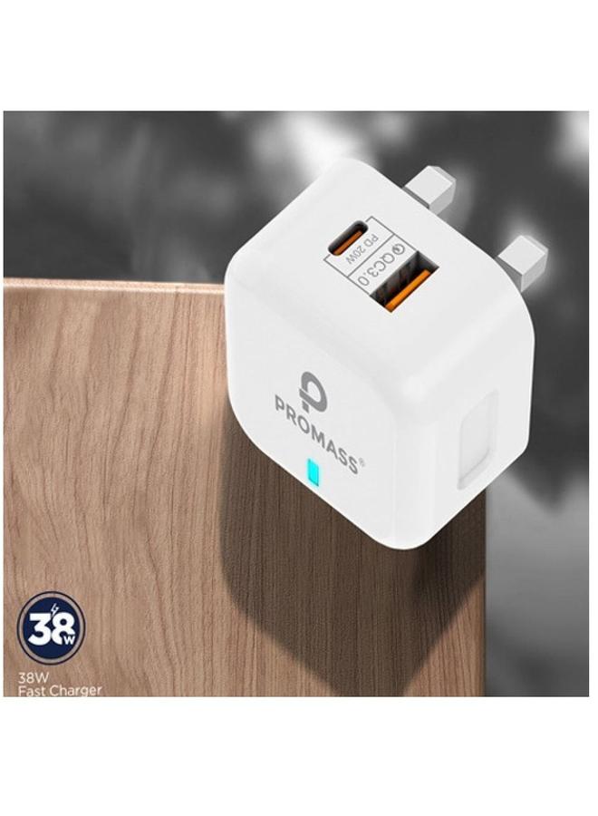 بروماس شاحن حائط أصلي بمنفذين، منفذ USB ومنفذ PD، يدعم الشحن السريع من Promass بقوة 38 وات، لون أبيض - Image 2