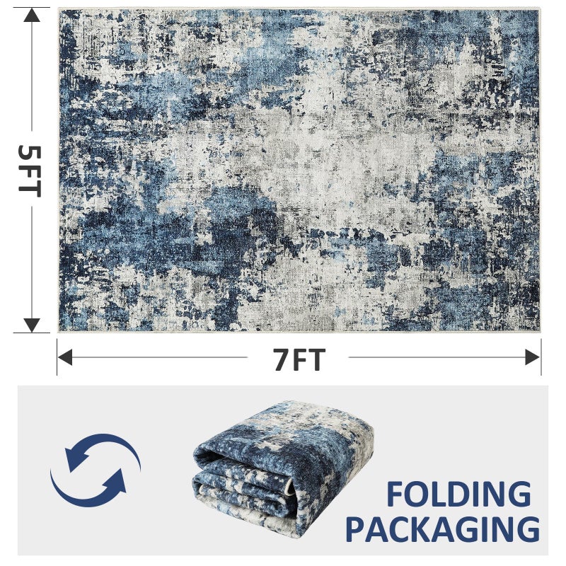 Dintszyayue Abstract Washable Area Rug 5x7 Non-Slip Soft Blue Neutral Area Rugs for Bedroom Living Room Dining Room Floor Carpet (Blue, 5'x7') - Image 2