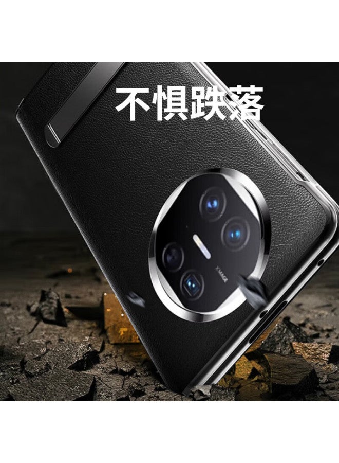 MAIKUQI Mccool Suitable For Huawei Mate X6 Phone Case Smart Window Flip-free Cover Answering Alloy Bracket Anti-fall Ultra-thin Collection Version Folding Screen Smart Flip Genuine Leather Feather Sand Black - Image 2