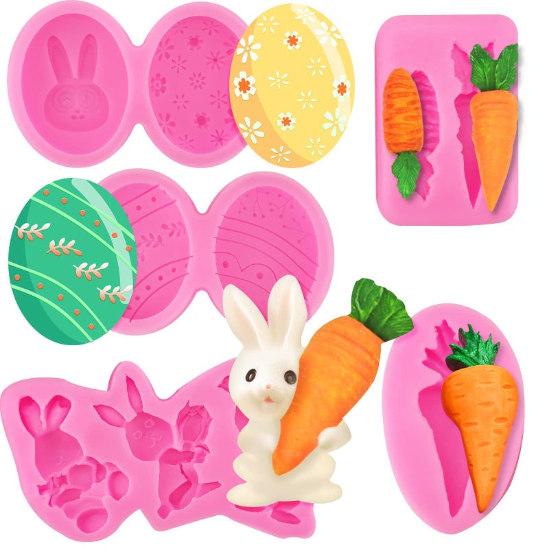 5Pcs Easter Fondant Molds Egg Silicone Candy Molds Set Bunny Silicone Mold Easter Egg Silicone Molds Carrot Shaped Silicone Molds for Cupcake Topper Chocolate PastryCookie Jelly and Cake Decorations