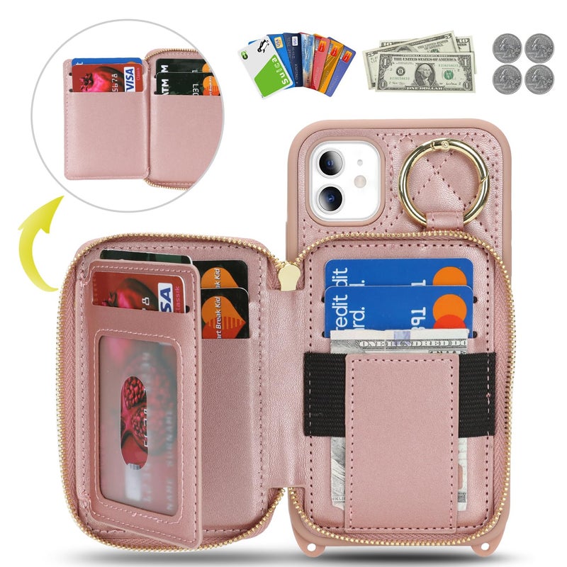 Hamany Crossbody Wallet Case for iPhone 11, PU Leather Zipper Handbag Purse Flip Cover, Kickstand Folio Case with Card Slots Holder Wrist Strap Lanyard 6.1 Inch-Rose Gold - Image 2