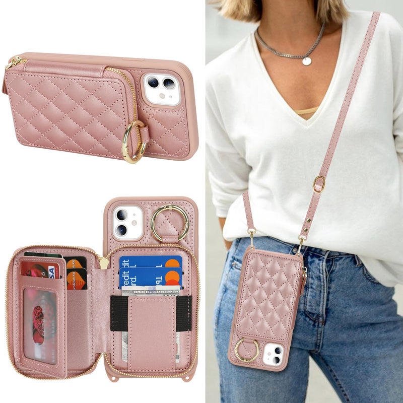 Hamany Crossbody Wallet Case for iPhone 11, PU Leather Zipper Handbag Purse Flip Cover, Kickstand Folio Case with Card Slots Holder Wrist Strap Lanyard 6.1 Inch-Rose Gold - Image 1