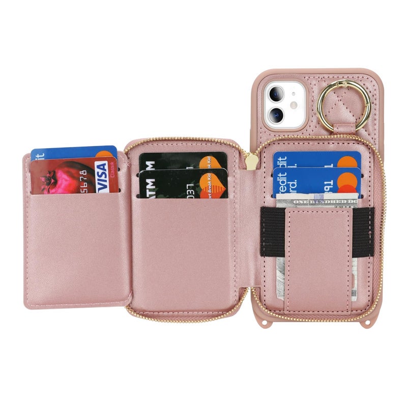 Hamany Crossbody Wallet Case for iPhone 11, PU Leather Zipper Handbag Purse Flip Cover, Kickstand Folio Case with Card Slots Holder Wrist Strap Lanyard 6.1 Inch-Rose Gold - Image 5