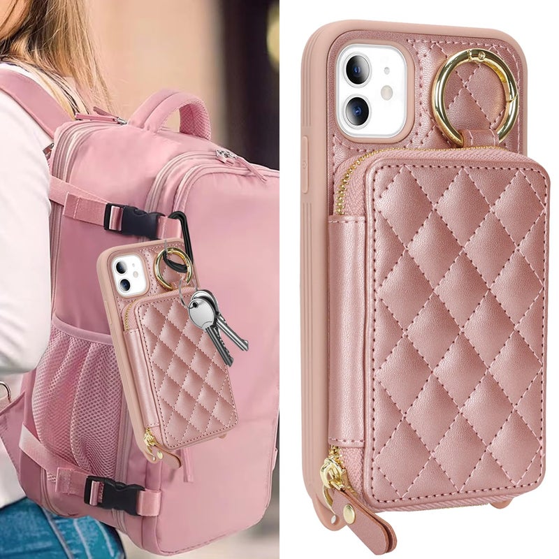 Hamany Crossbody Wallet Case for iPhone 11, PU Leather Zipper Handbag Purse Flip Cover, Kickstand Folio Case with Card Slots Holder Wrist Strap Lanyard 6.1 Inch-Rose Gold - Image 3