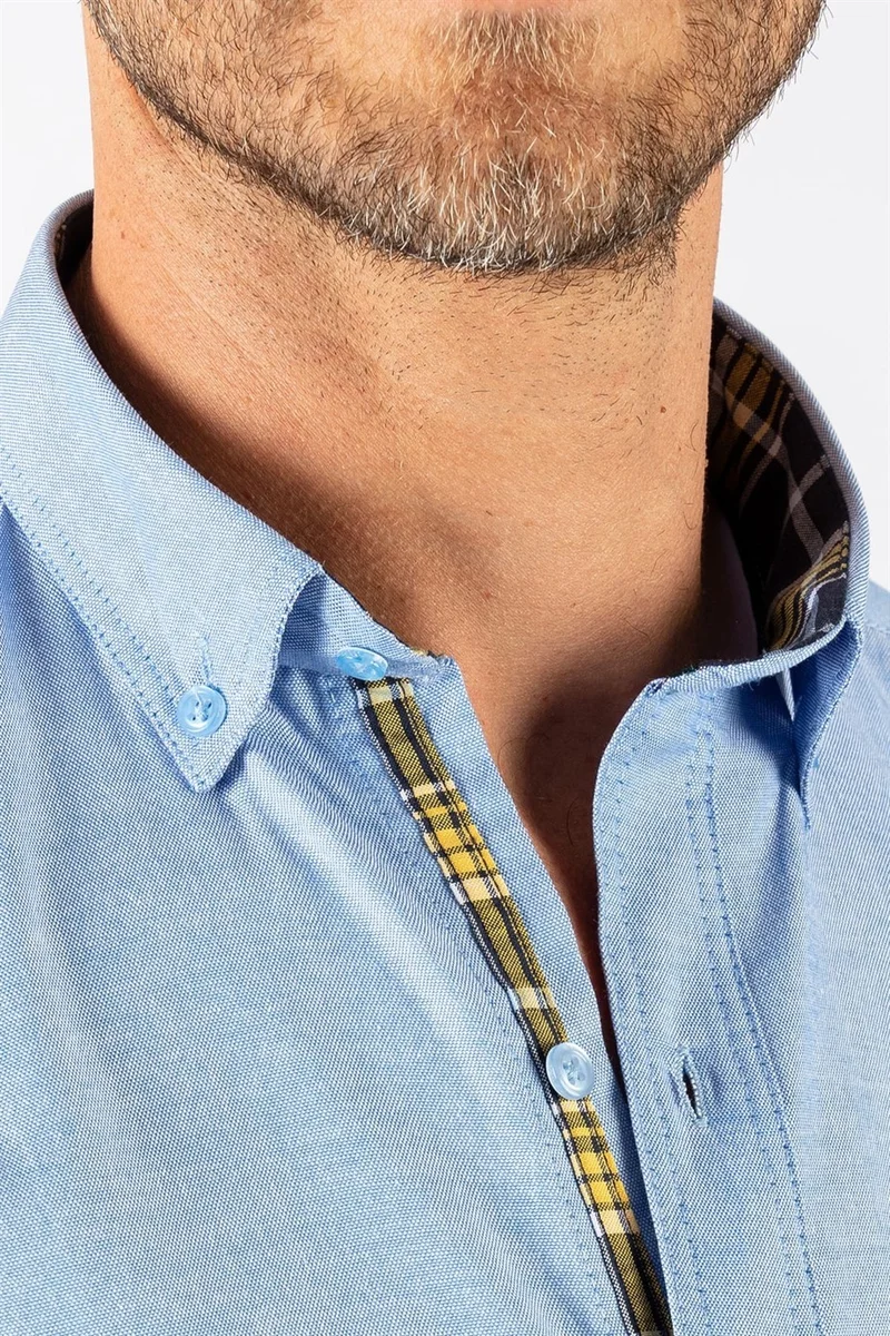 تودورس Men's Regular Fit Classic Cut Cotton Oxford Texture Single Pocket Blue Button-down Collar Shirt