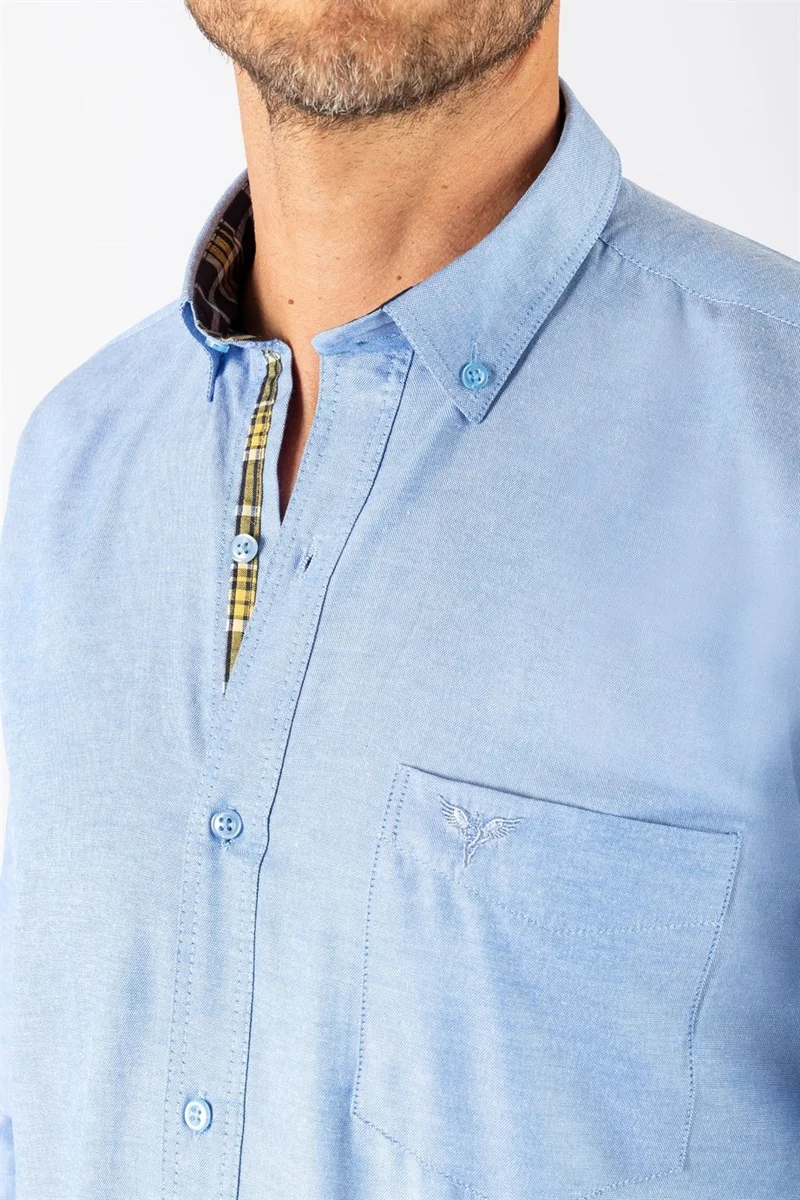 تودورس Men's Regular Fit Classic Cut Cotton Oxford Texture Single Pocket Blue Button-down Collar Shirt
