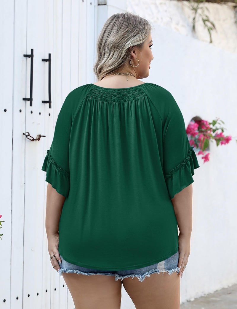 Micoson Tops for Women Trendy 2025 Womens 3/4 Sleeve Shirts Ruffle Bell Pleated Dressy Casual Top Green - Image 2