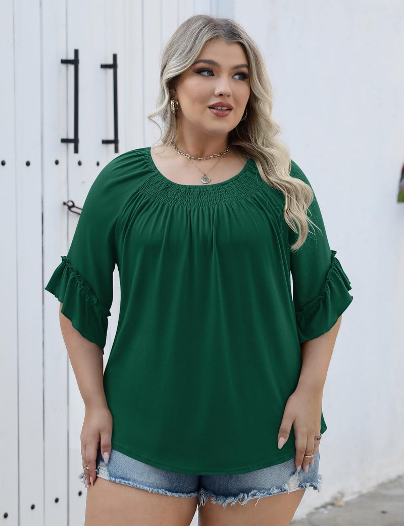 Micoson Tops for Women Trendy 2025 Womens 3/4 Sleeve Shirts Ruffle Bell Pleated Dressy Casual Top Green - Image 5