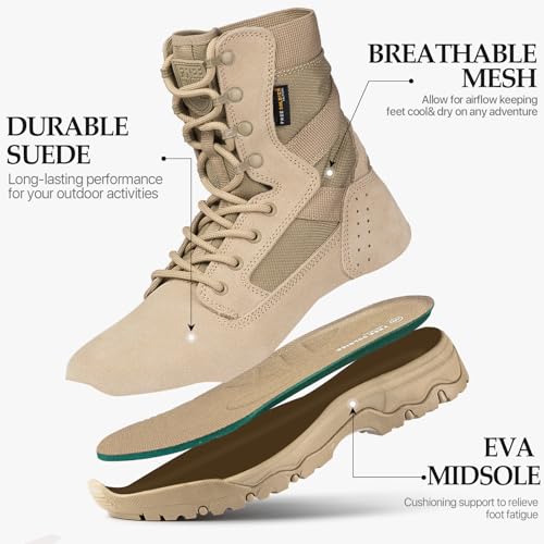FREE SOLDIER Men's Tactical Boots 8 Inches Lightweight Combat Boot Durable Suede Leather Military Work Boots Desert Boot (Tan, 7.5) - Image 4