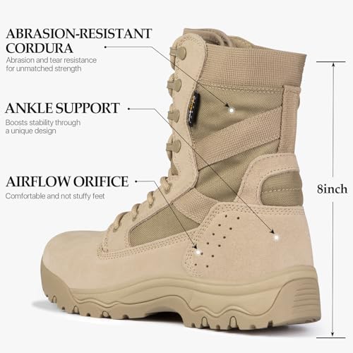 FREE SOLDIER Men's Tactical Boots 8 Inches Lightweight Combat Boot Durable Suede Leather Military Work Boots Desert Boot (Tan, 7.5) - Image 2