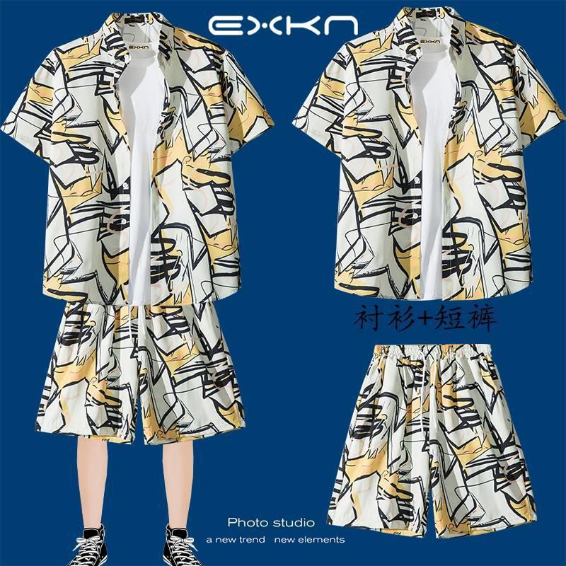 Hawaiian Shirt Beach Casual Shorts Trendy Brand Men'S Couple Personalized Printed Trendy Beach Suit - Image 1