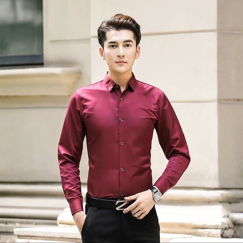 Autumn Mens Shirt Long-sleeved Korean Slim-fit Business Professional Suit Base Shirt Shirt Fashion Dress White Burgundy long sleeve shirt
