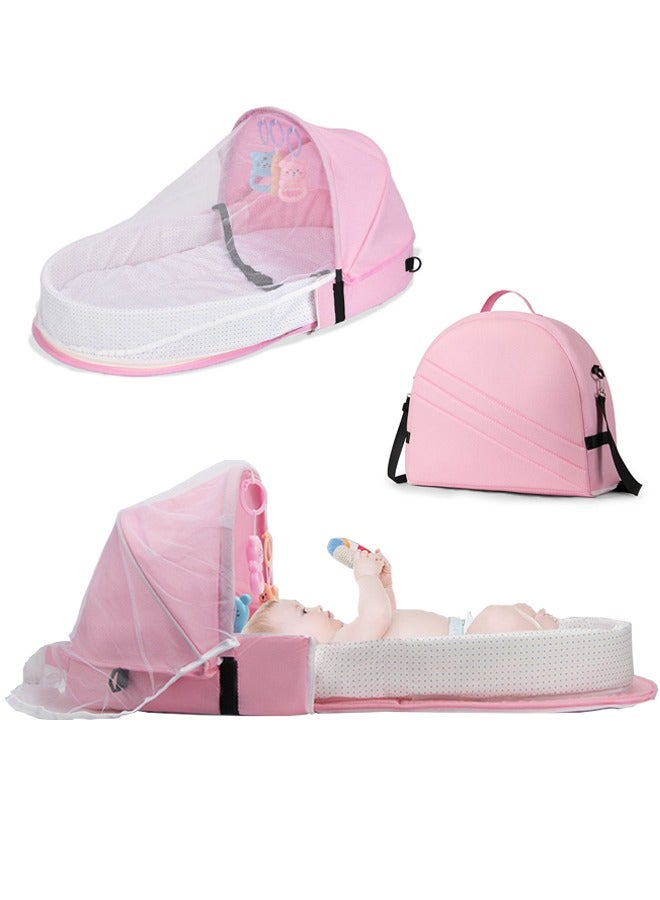 Baby Travel Bassinet Portable Folding Bassinet with Mosquito Net and Canopy Baby Travel Crib Bed for Camping Easy to Fold and Lightweight (Pink) - Image 1