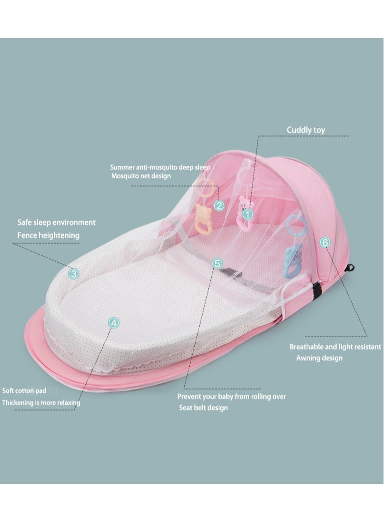 Baby Travel Bassinet Portable Folding Bassinet with Mosquito Net and Canopy Baby Travel Crib Bed for Camping Easy to Fold and Lightweight (Pink) - Image 2