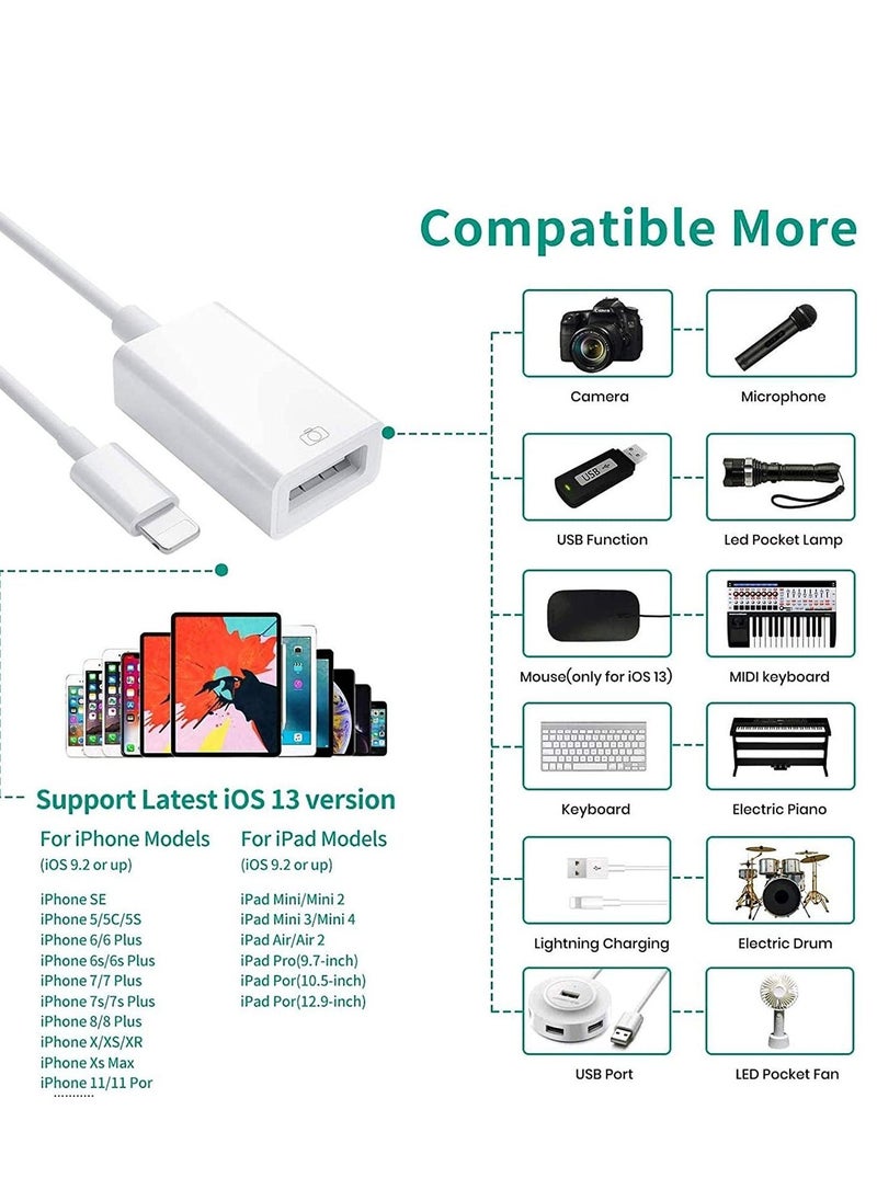 Generic - [Apple MFi Certified] Lightning to USB Camera Adapter for iPhone iPad, USB 3.0 OTG Data Sync Cable Adapter Compatible with iPhone 12 11 XS XR X 8 7 iPad to Card Reader Keyboard Mouse USB Flash Drive - Image 1