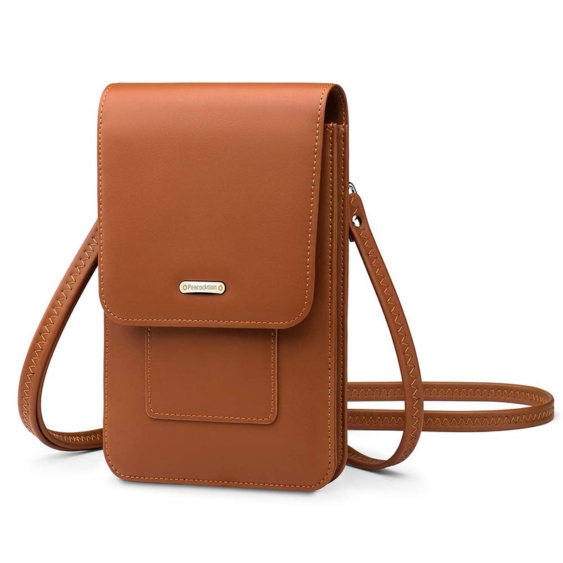 PEACOCKTION Peacocktion Small Crossbody Cell Phone Bag for Women, Leather Shoulder Bag Card Holder Phone Wallet Purse (Brown)  - Image 1