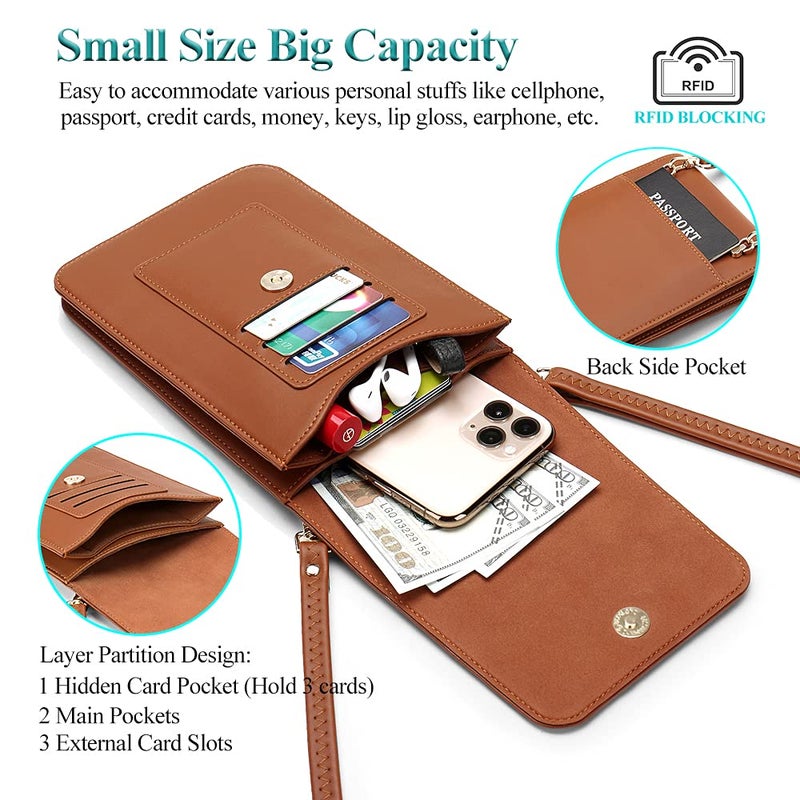 PEACOCKTION Peacocktion Small Crossbody Cell Phone Bag for Women, Leather Shoulder Bag Card Holder Phone Wallet Purse (Brown)  - Image 4