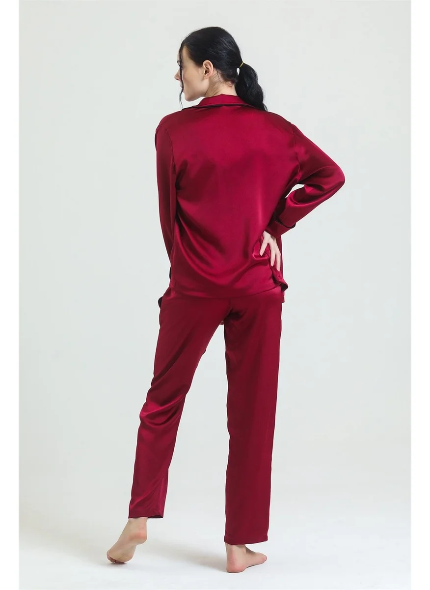 Magic Form 19718 Women's Burgundy Shirt Collar Piping Pocket Satin Pajama Set