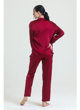 Magic Form 19718 Women's Burgundy Shirt Collar Piping Pocket Satin Pajama Set  - Image 2