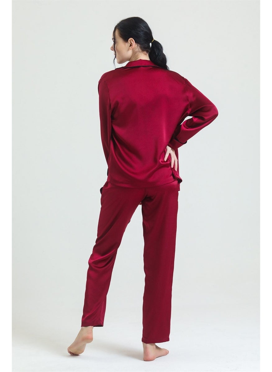 Magic Form 19718 Women's Burgundy Shirt Collar Piping Pocket Satin Pajama Set  - Image 2