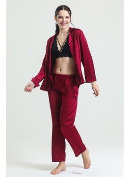 Magic Form 19718 Women's Burgundy Shirt Collar Piping Pocket Satin Pajama Set  - Image 1