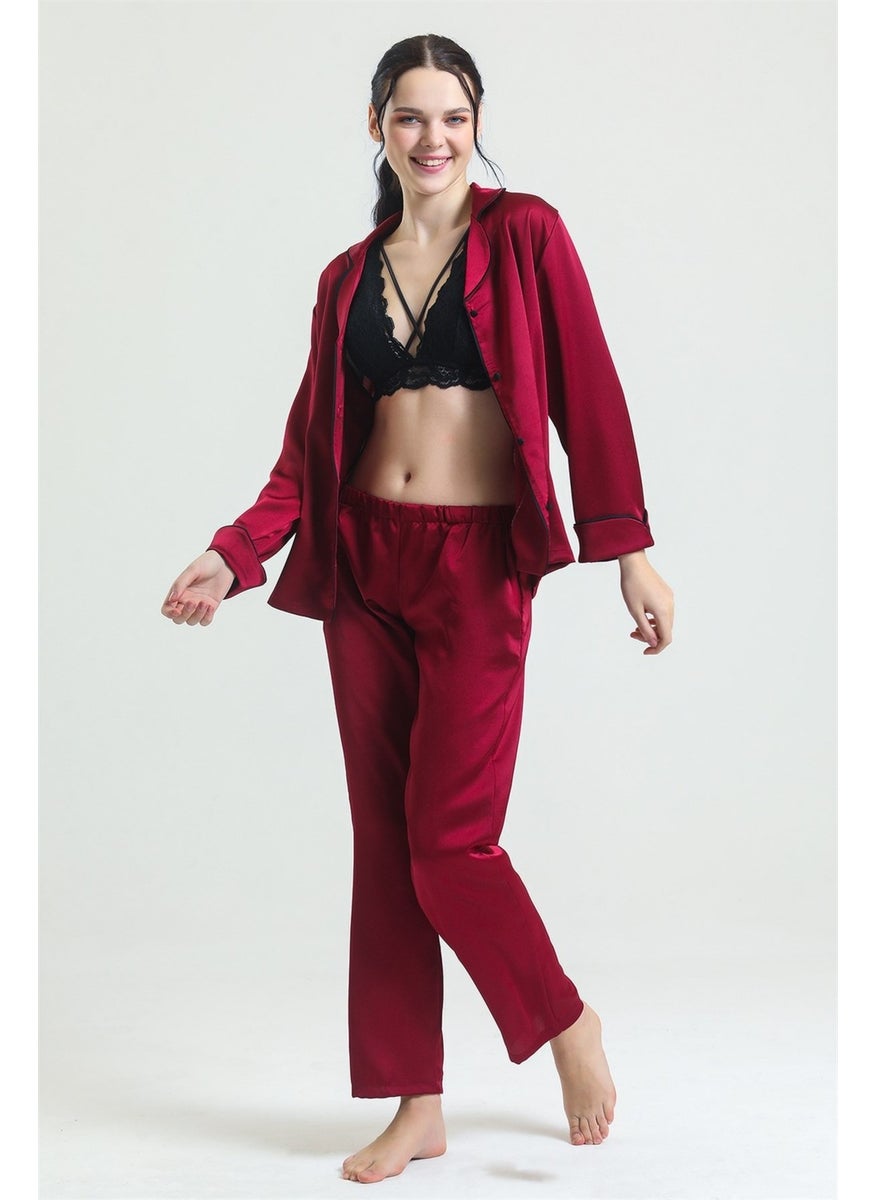 Magic Form 19718 Women's Burgundy Shirt Collar Piping Pocket Satin Pajama Set  - Image 1