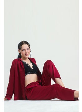 Magic Form 19718 Women's Burgundy Shirt Collar Piping Pocket Satin Pajama Set  - Image 3