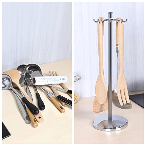 MAYZOLOP Kitchen Countertop Utensil Holder, Stainless Steel Rotatable Cooking Utensils Holder with 8 Rotating Hooks, Hanging Organizer for Spoon, Spatula, Soup Ladle, Spaghetti Server, Skimmer, Chrome - Image 3