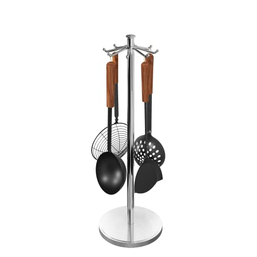 MAYZOLOP Kitchen Countertop Utensil Holder, Stainless Steel Rotatable Cooking Utensils Holder with 8 Rotating Hooks, Hanging Organizer for Spoon, Spatula, Soup Ladle, Spaghetti Server, Skimmer, Chrome - Image 1
