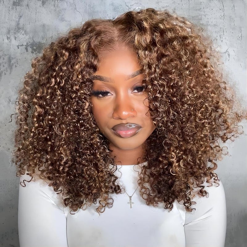 ISEE Wear and Go Glueless Wig Honey Blonde Afro Kinky Curly Lace Front Wigs Human Hair 7x5 HD Lace Wigs for Women Pre Cut Glueless Wigs Human Hair Pre Plucked 16 Inch Highlight Ombre Brown