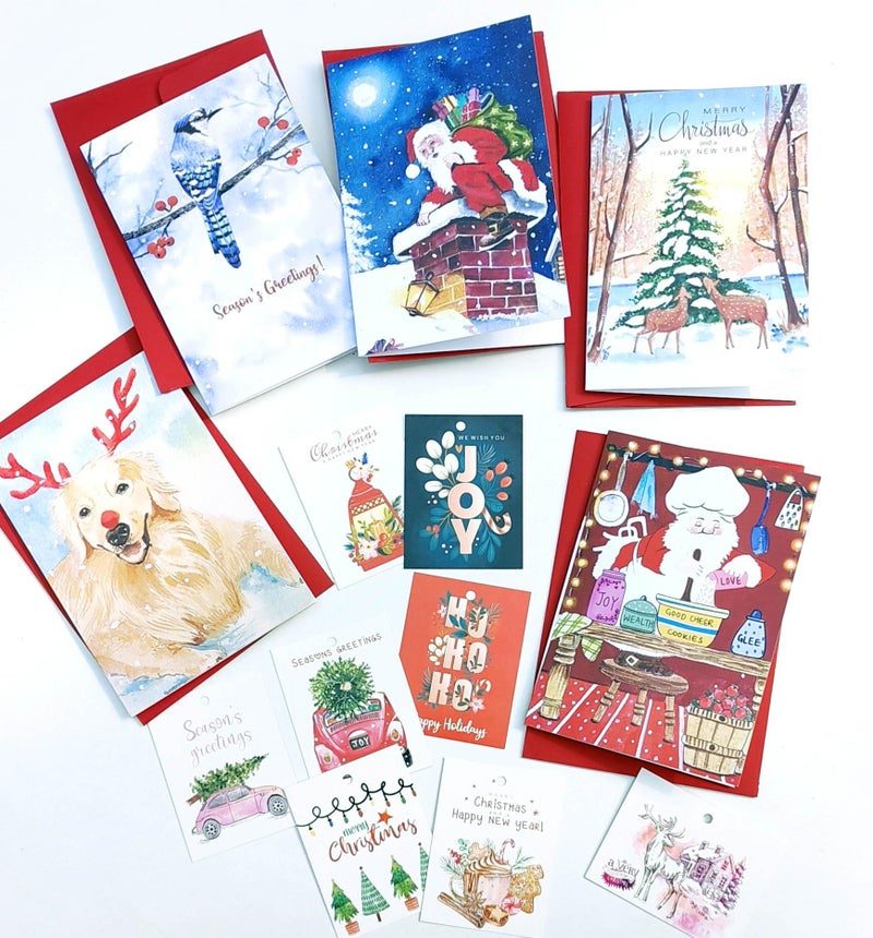 anujarusiya Christmas Greeting cards pack of 5 | 8 gift tags | digital print of Cheerful holiday watercolor illustration | Made on Imported Paper | Each card comes in a Red Envelope | 4"X6" - Image 1