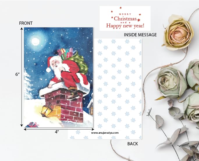anujarusiya Christmas Greeting cards pack of 5 | 8 gift tags | digital print of Cheerful holiday watercolor illustration | Made on Imported Paper | Each card comes in a Red Envelope | 4"X6" - Image 5