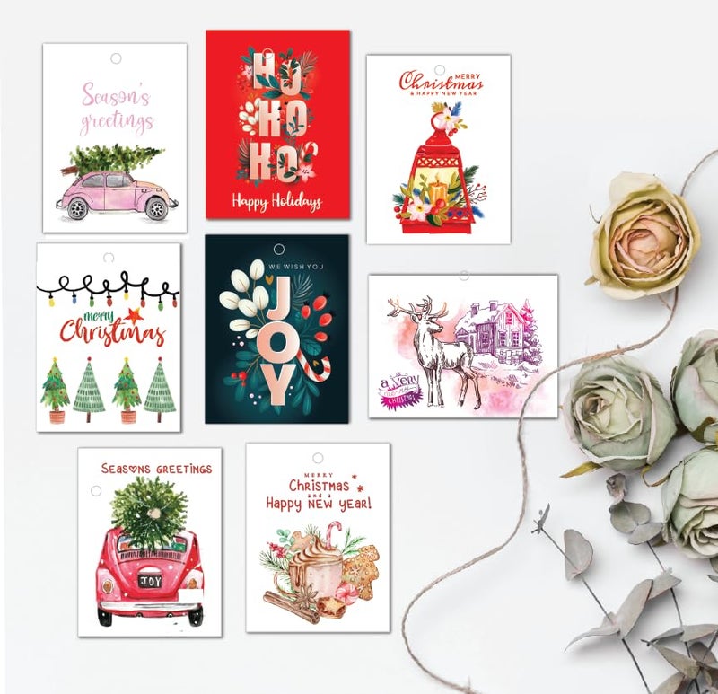 anujarusiya Christmas Greeting cards pack of 5 | 8 gift tags | digital print of Cheerful holiday watercolor illustration | Made on Imported Paper | Each card comes in a Red Envelope | 4"X6" - Image 3