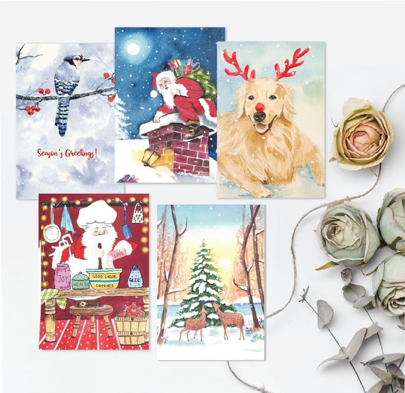 anujarusiya Christmas Greeting cards pack of 5 | 8 gift tags | digital print of Cheerful holiday watercolor illustration | Made on Imported Paper | Each card comes in a Red Envelope | 4"X6" - Image 2