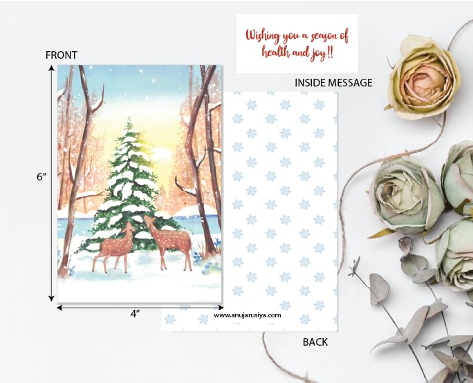 anujarusiya Christmas Greeting cards pack of 5 | 8 gift tags | digital print of Cheerful holiday watercolor illustration | Made on Imported Paper | Each card comes in a Red Envelope | 4"X6" - Image 4