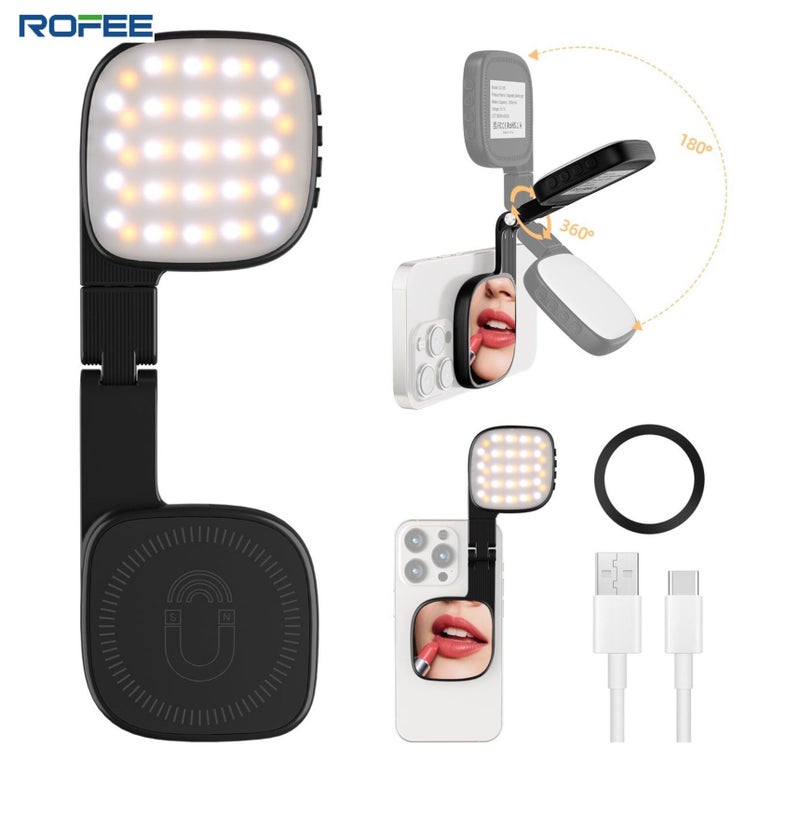 Rofee Magnetic Seifie Light With Full Screen Makeup Mirror ,48 LEDS , 10 levels, 3 color Models,Adjustable Angles,USB C Rechargeble , Compatible with Magsafe  & All Phone for Zoom , Makeup, Photography,Video Calls (BLACK) - Image 1