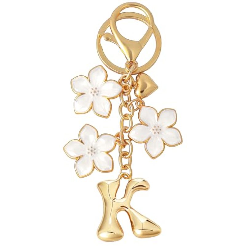 Personalized Initial Keychain: Gold Plated Tarnish Resistant Bubble Initial Charm - Graceful Floral Accent Design Versatile Bag Accessory for Women Gifts, Bags and Keys - Image 1