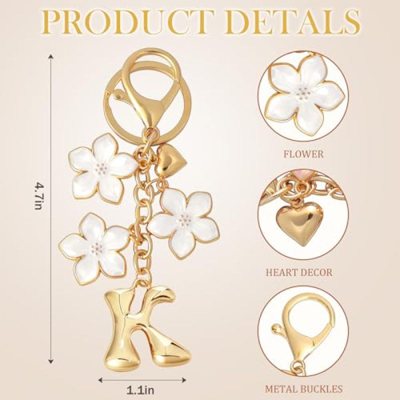 Personalized Initial Keychain: Gold Plated Tarnish Resistant Bubble Initial Charm - Graceful Floral Accent Design Versatile Bag Accessory for Women Gifts, Bags and Keys - Image 2