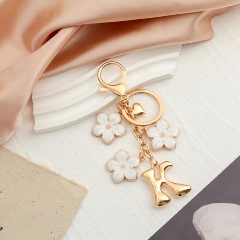 Personalized Initial Keychain: Gold Plated Tarnish Resistant Bubble Initial Charm - Graceful Floral Accent Design Versatile Bag Accessory for Women Gifts, Bags and Keys - Image 3